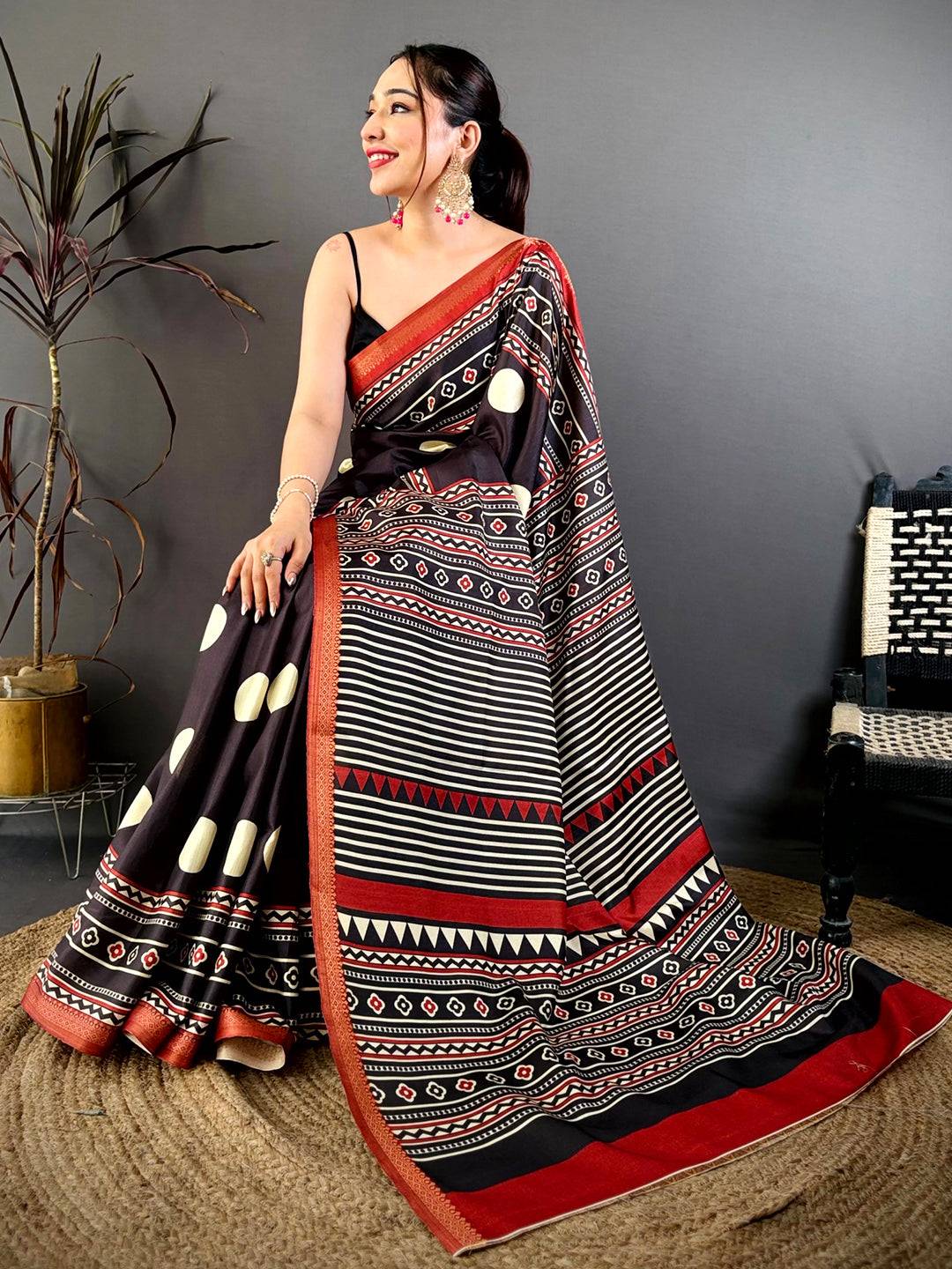 Exclusive Block Ajrakh Print Soft Tussar Saree