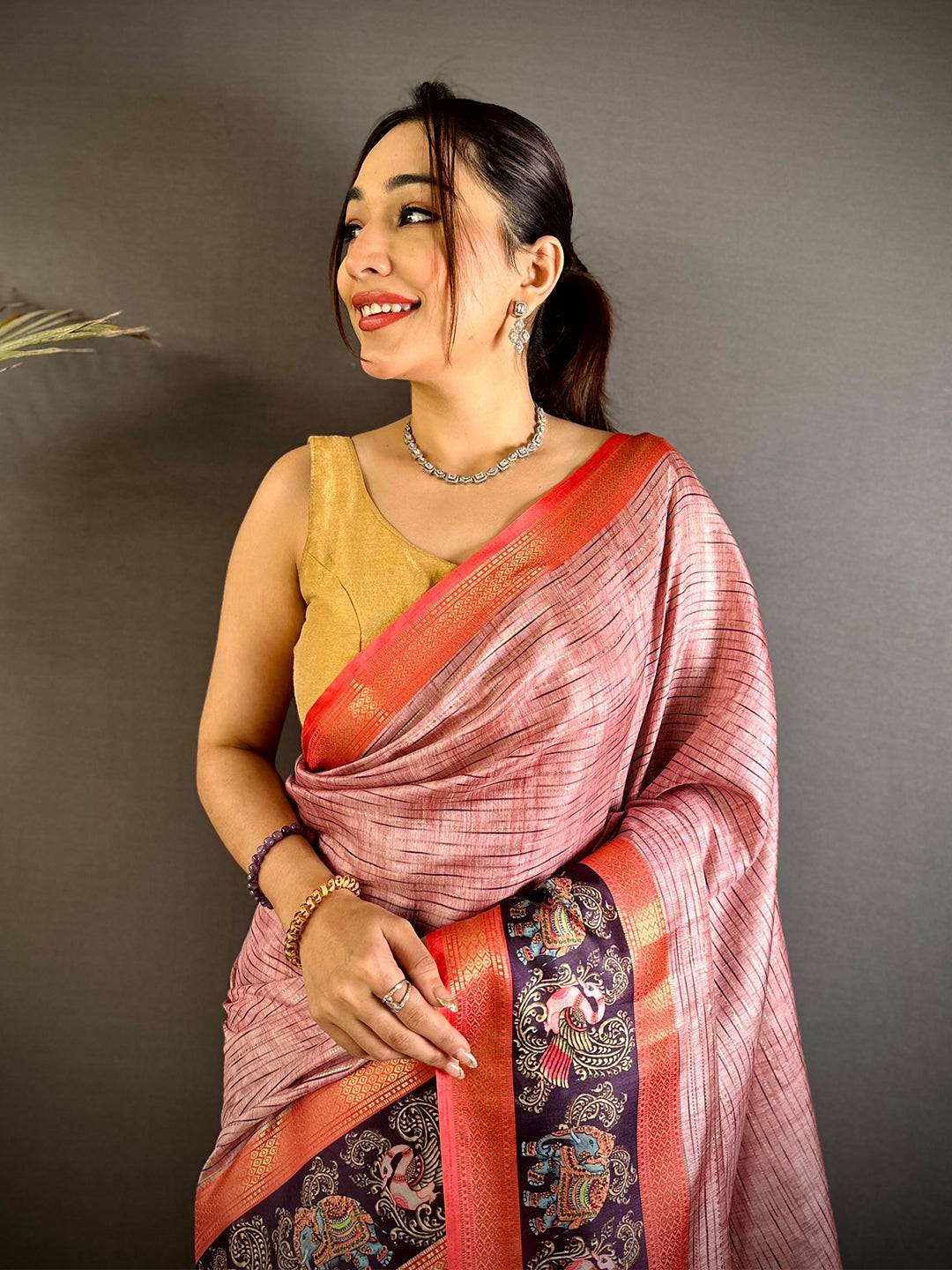 Blush Pink Tanjore Print Silk Saree