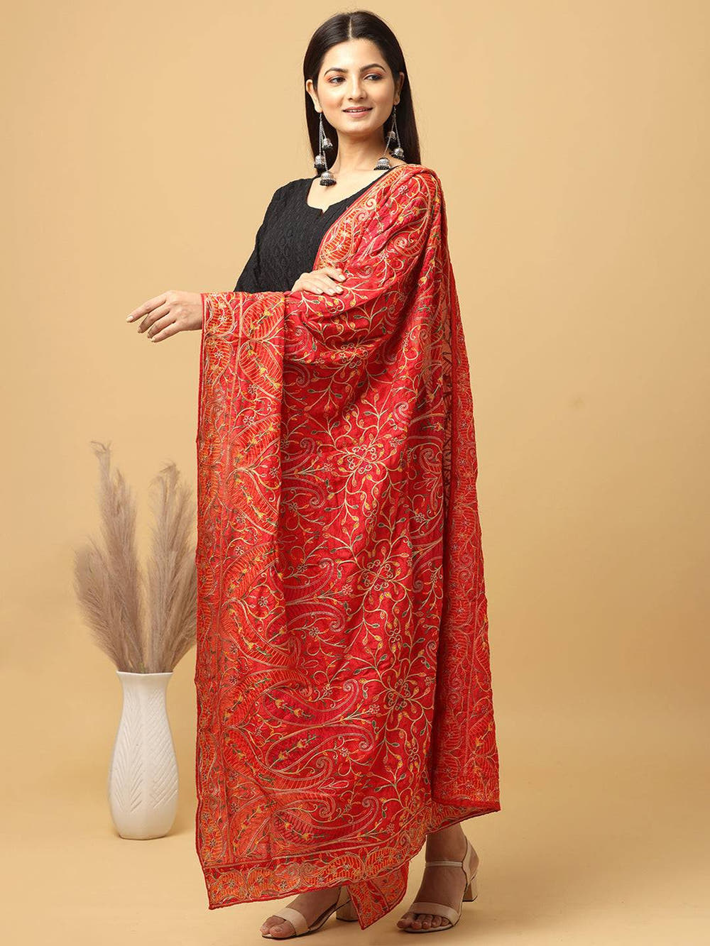 Red Orange Paisley Jaal Pashmina Dupatta