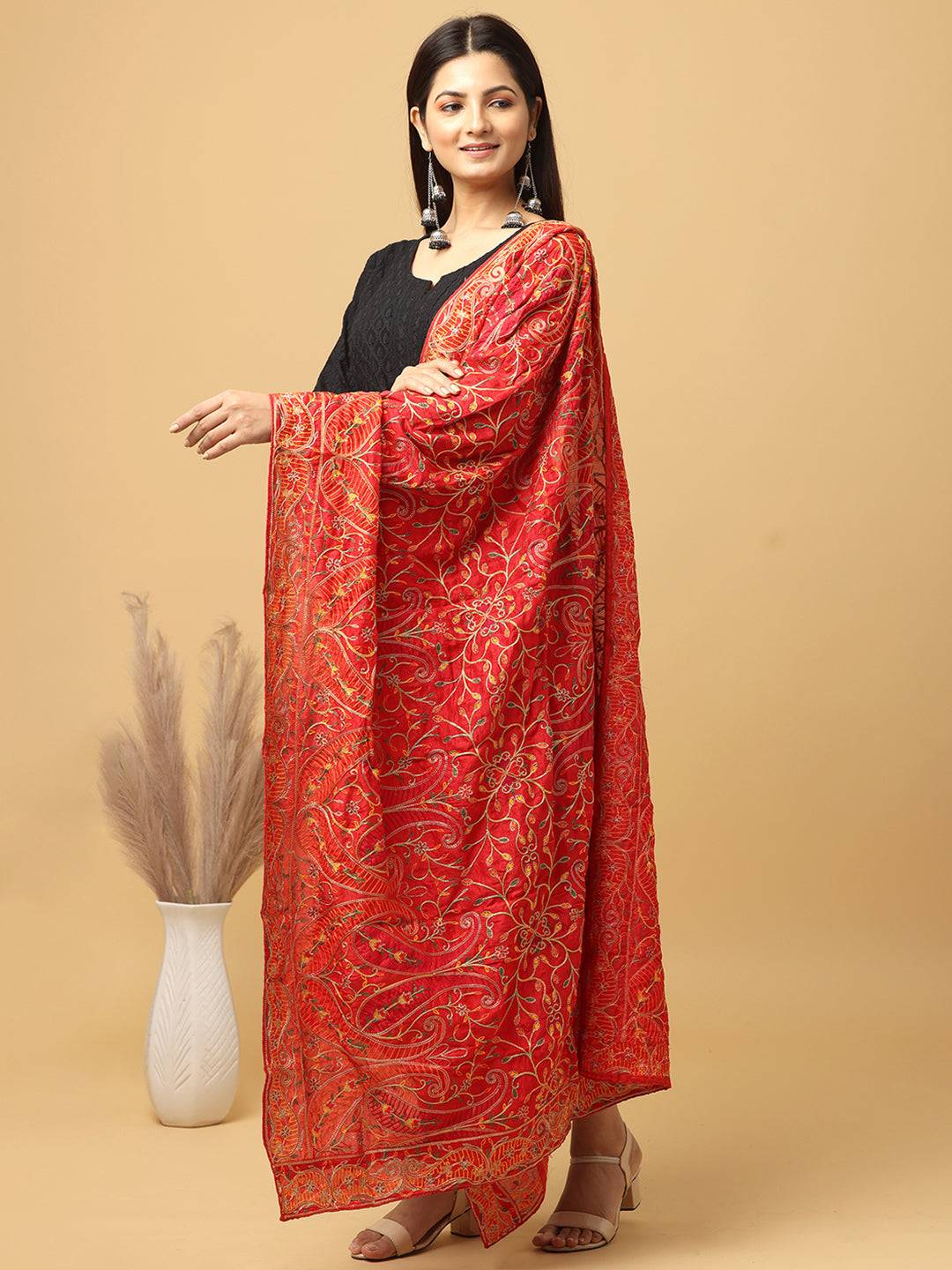 Red Orange Paisley Jaal Pashmina Dupatta