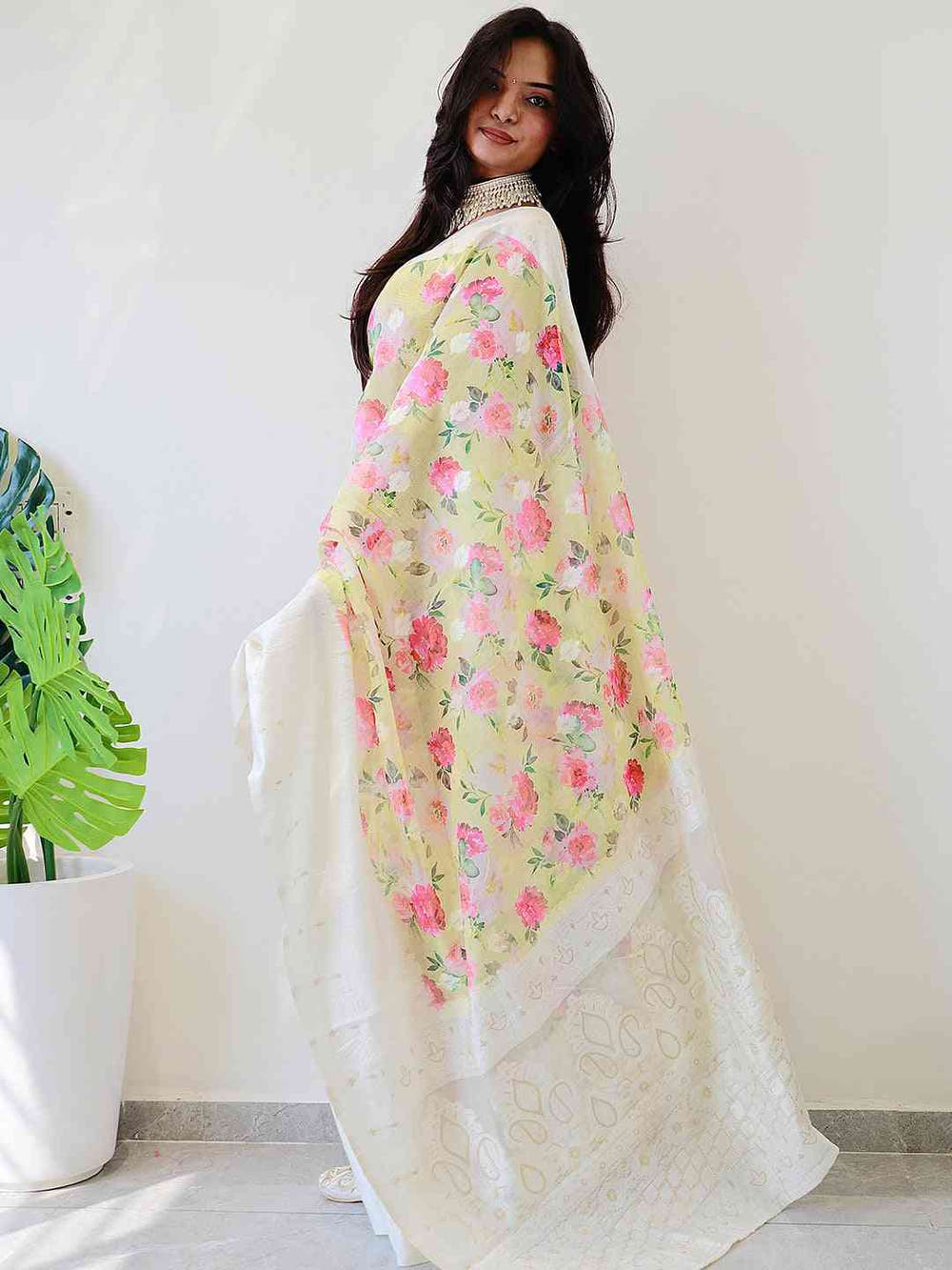Multi Colour Digital Print Bollywood Saree in Lakhnavi Slub Pattern