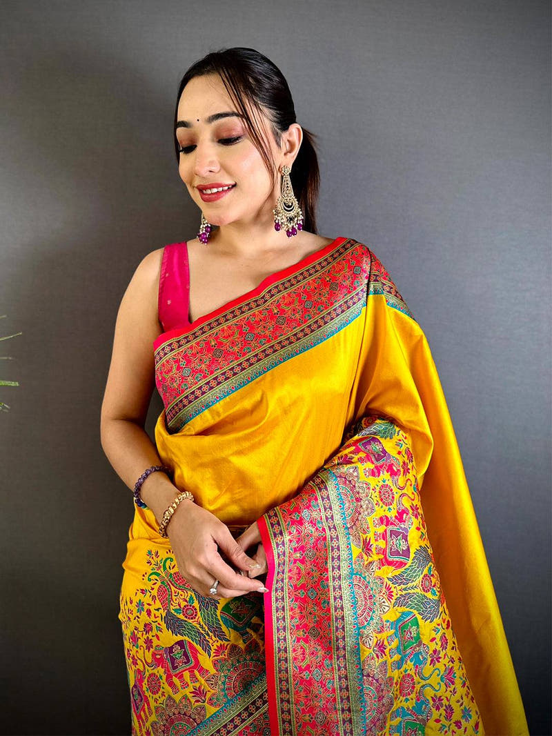 Yellow Kashmiri Art Soft Silk Saree