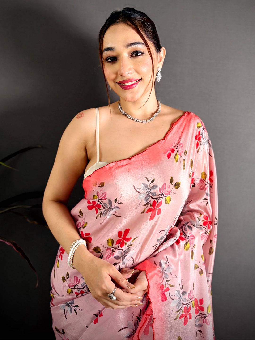 Pink Chinnon Embroidered Border Saree