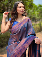 Navy Kanjivaram Tissue Saree With Gold Zari Weaving