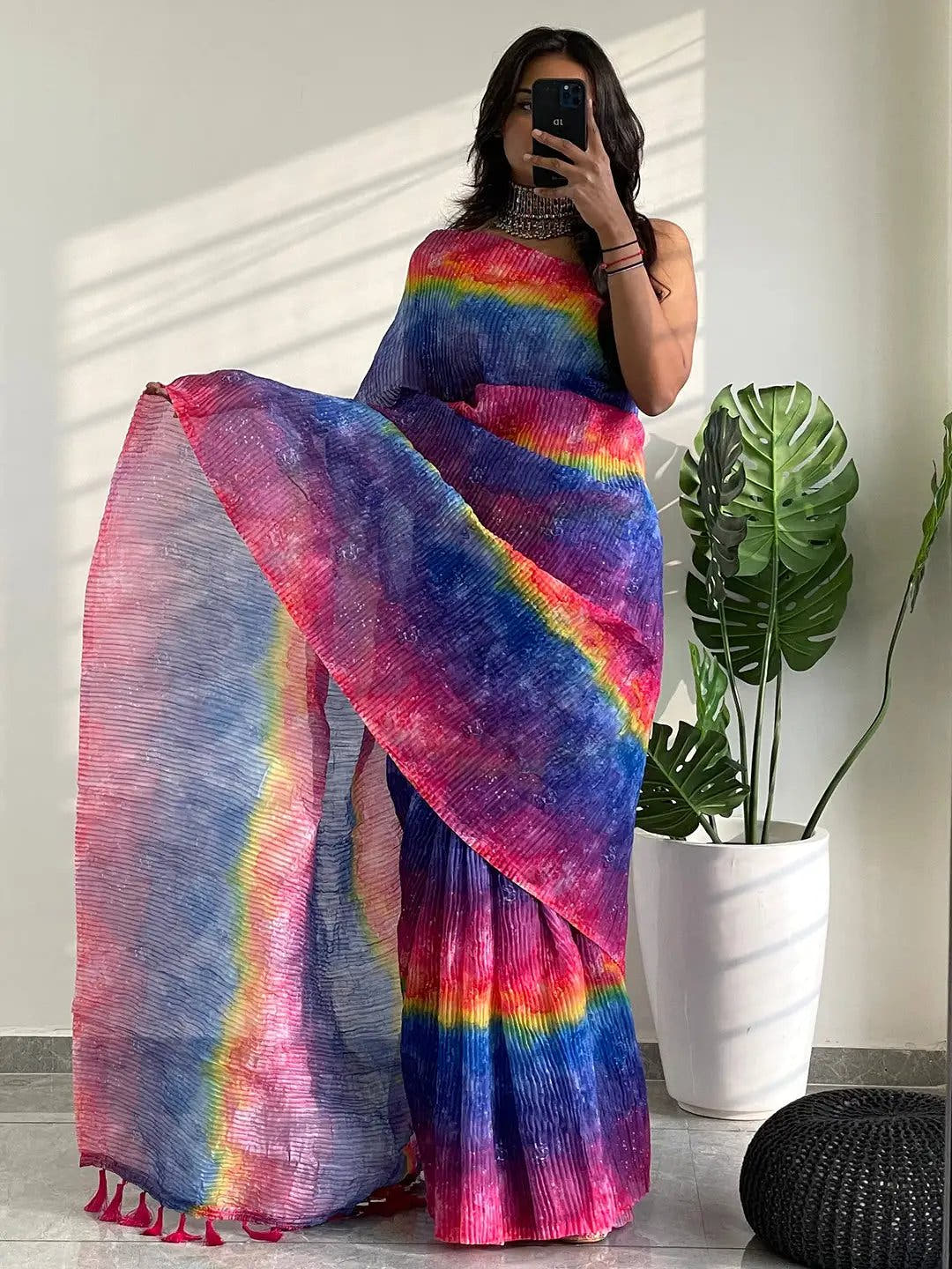 Elevate Your Style with Multy Colored Print Bollywood Design Crash Saree