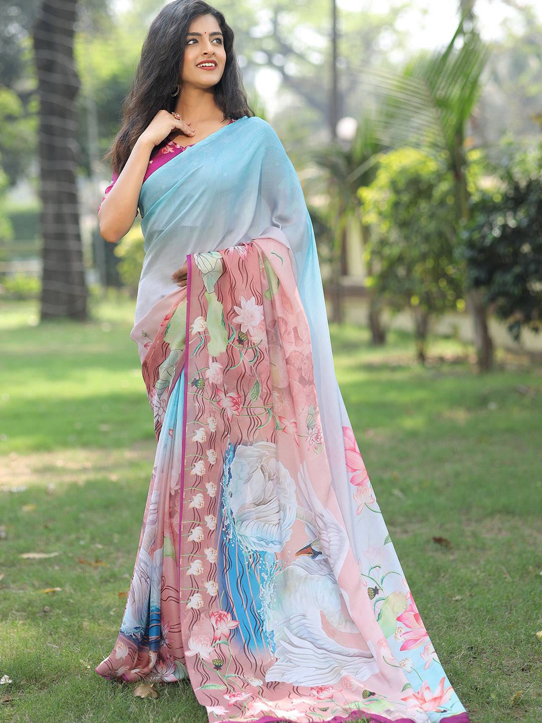 Satin Georgette Sky Blue Colour Hand Print Saree - Luxe