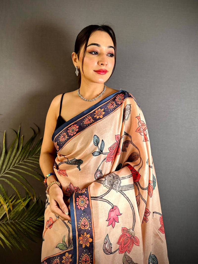 Elegance Swan Pen Kalamkari Art Saree