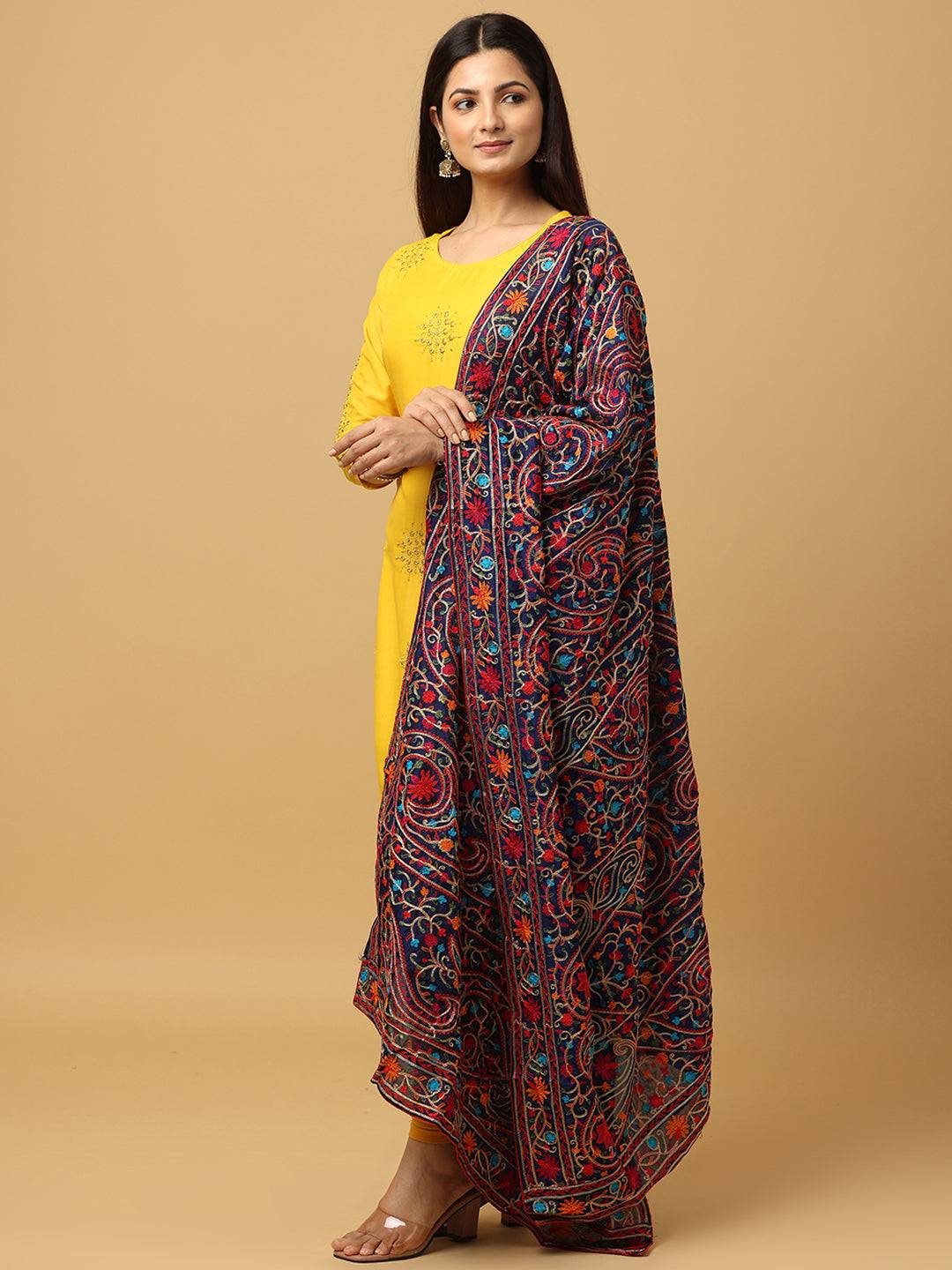 Navy Vivid Multicolour Pashmina Dupatta