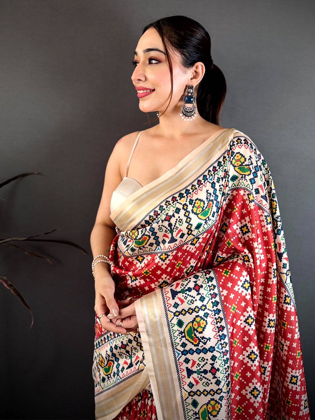 Ivory Red Allover Patola Kanchi Saree