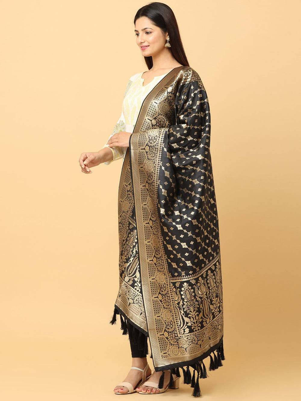 Latest Black Colour Woven Design Silk Blend Dupatta