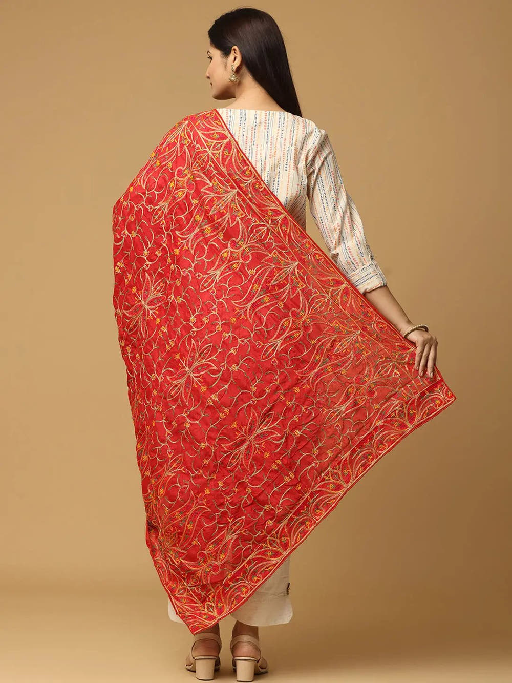 Red Warm Dense Floral Pashmina Dupatta