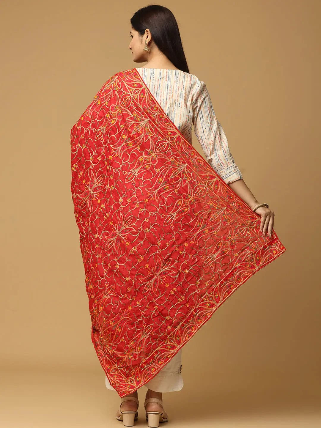 Red Warm Dense Floral Pashmina Dupatta
