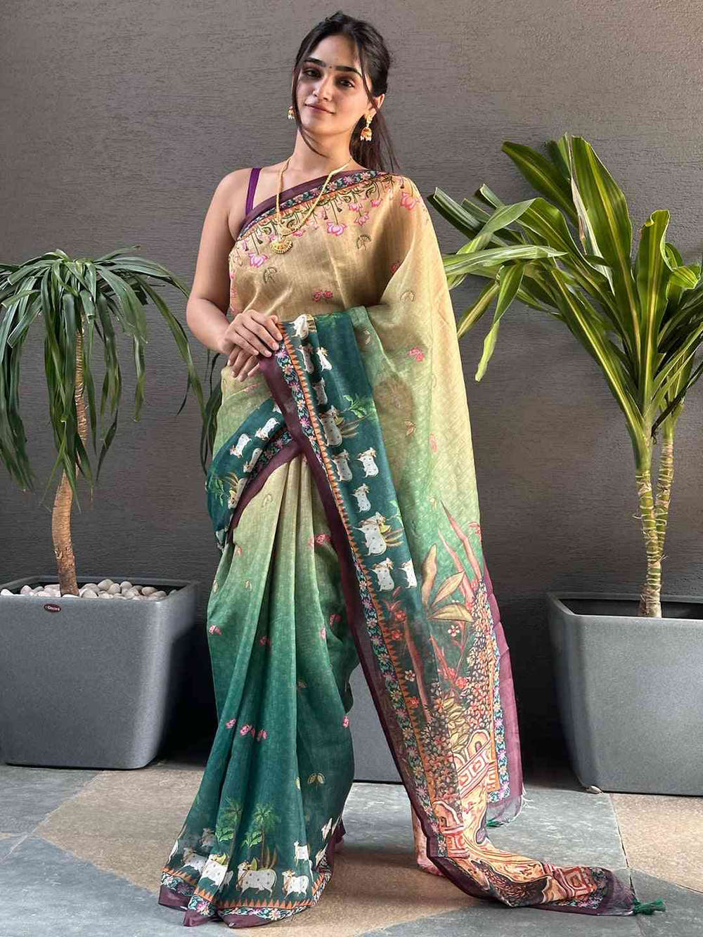 Soft Linen Ombre Pichwai Printed Green Colour Saree