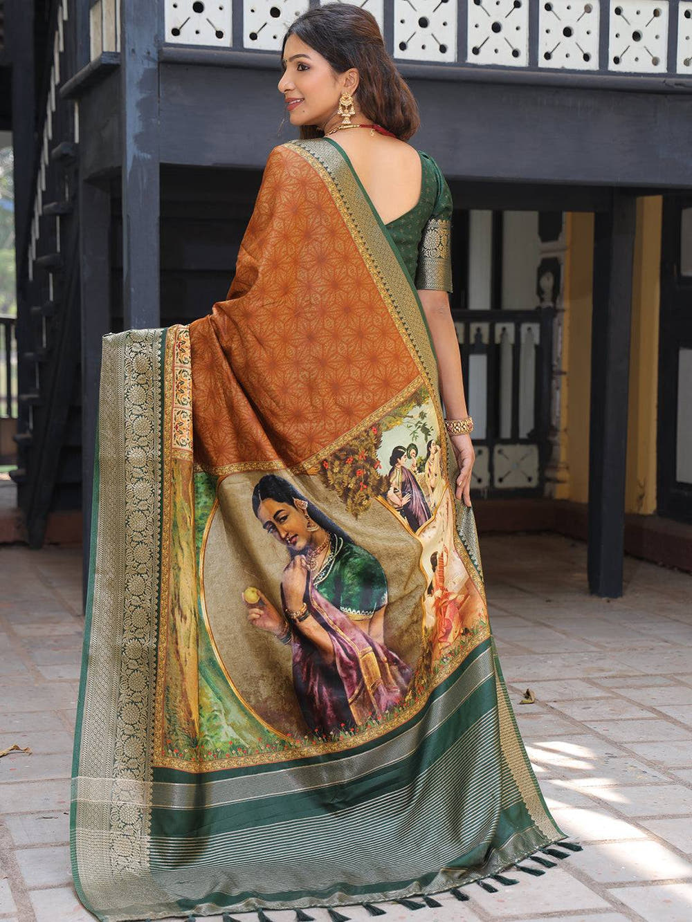 Brown Pure Viscose Dola Silk Saree With Kalamkari And Mughal Print - Luxe