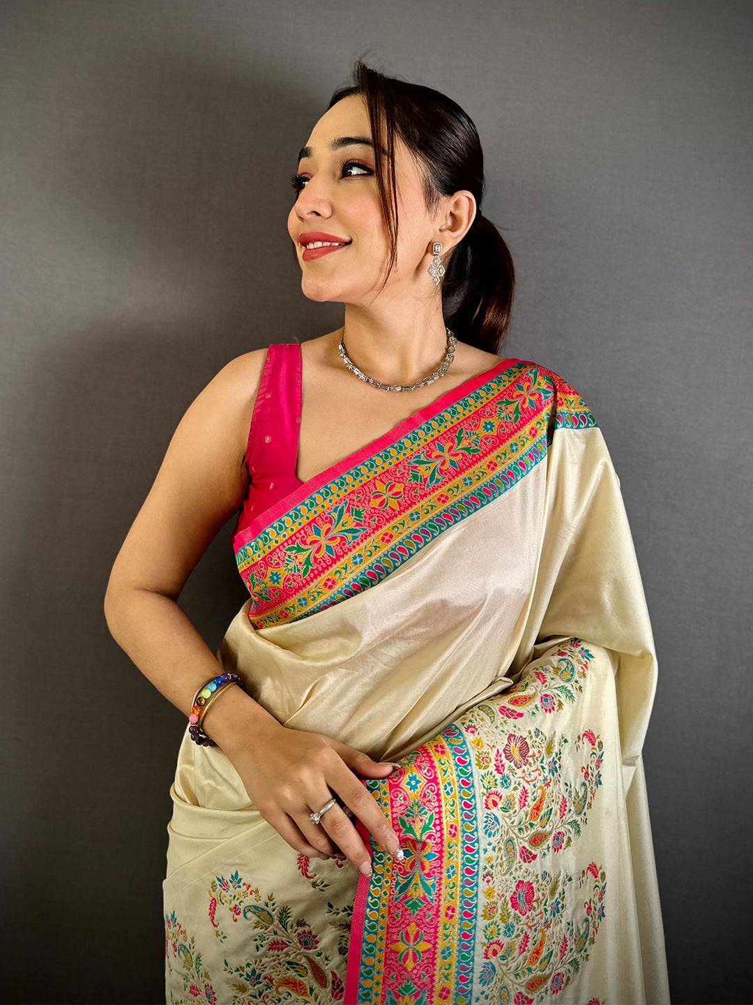 Cream Kashmiri Pashmina Semi Silk Saree