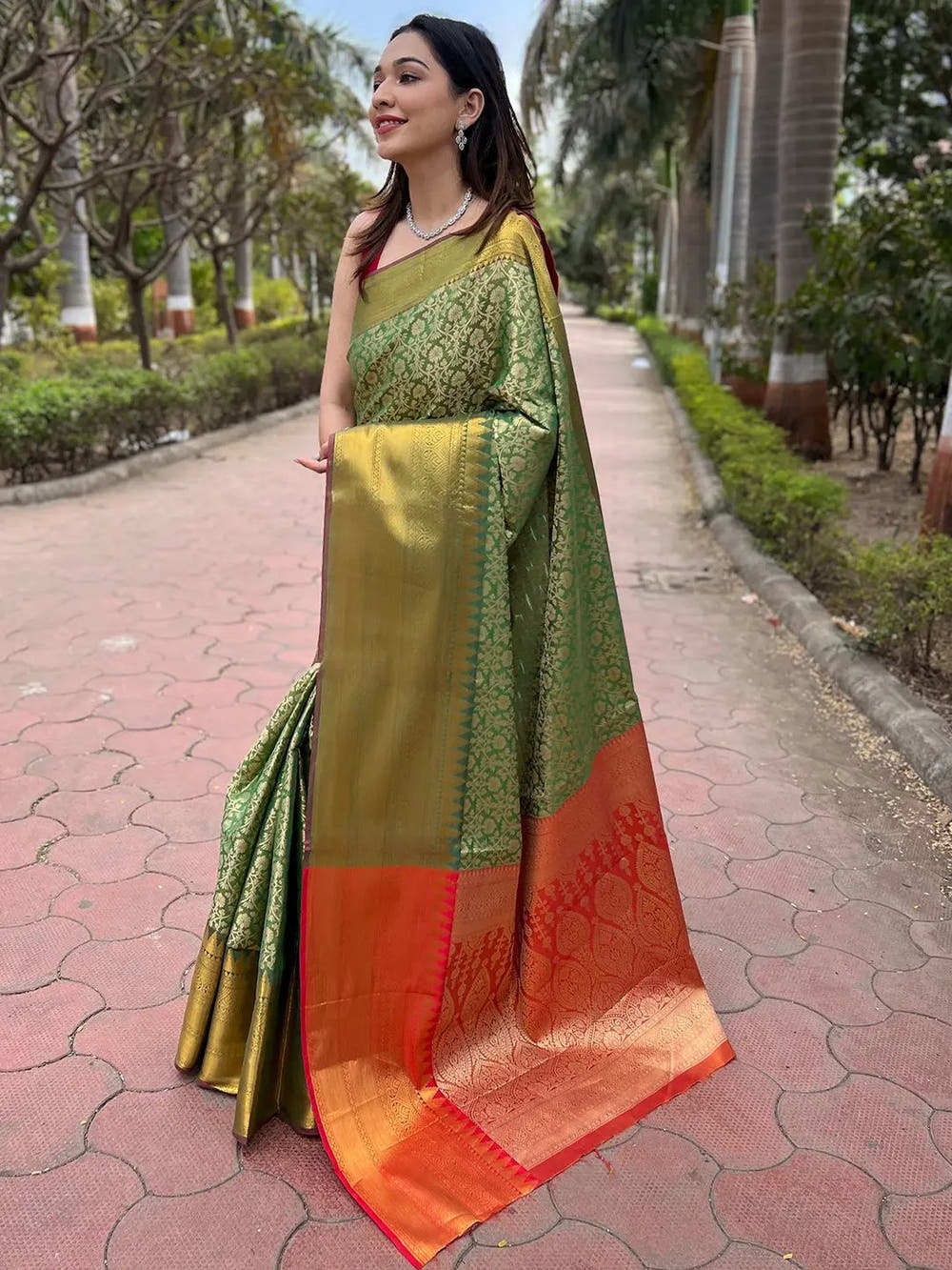 Pista Colour One Gram Gold Tissue Saree With Jacquard Woven Work