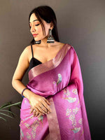 Pink Chanderi Check Sparrow Print Saree
