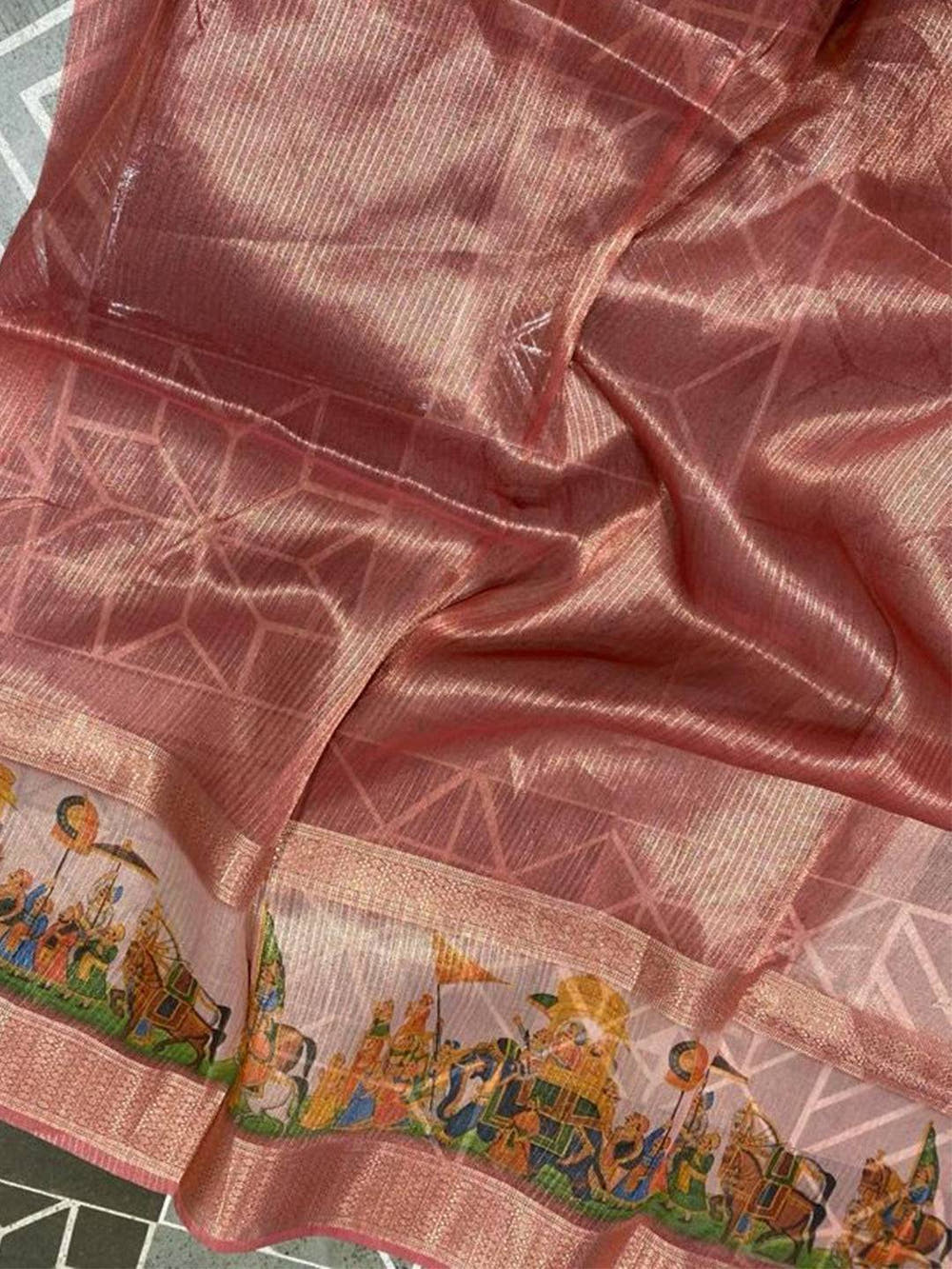 Exclusive Soft Gold Zari Tissue Digital Print Saree