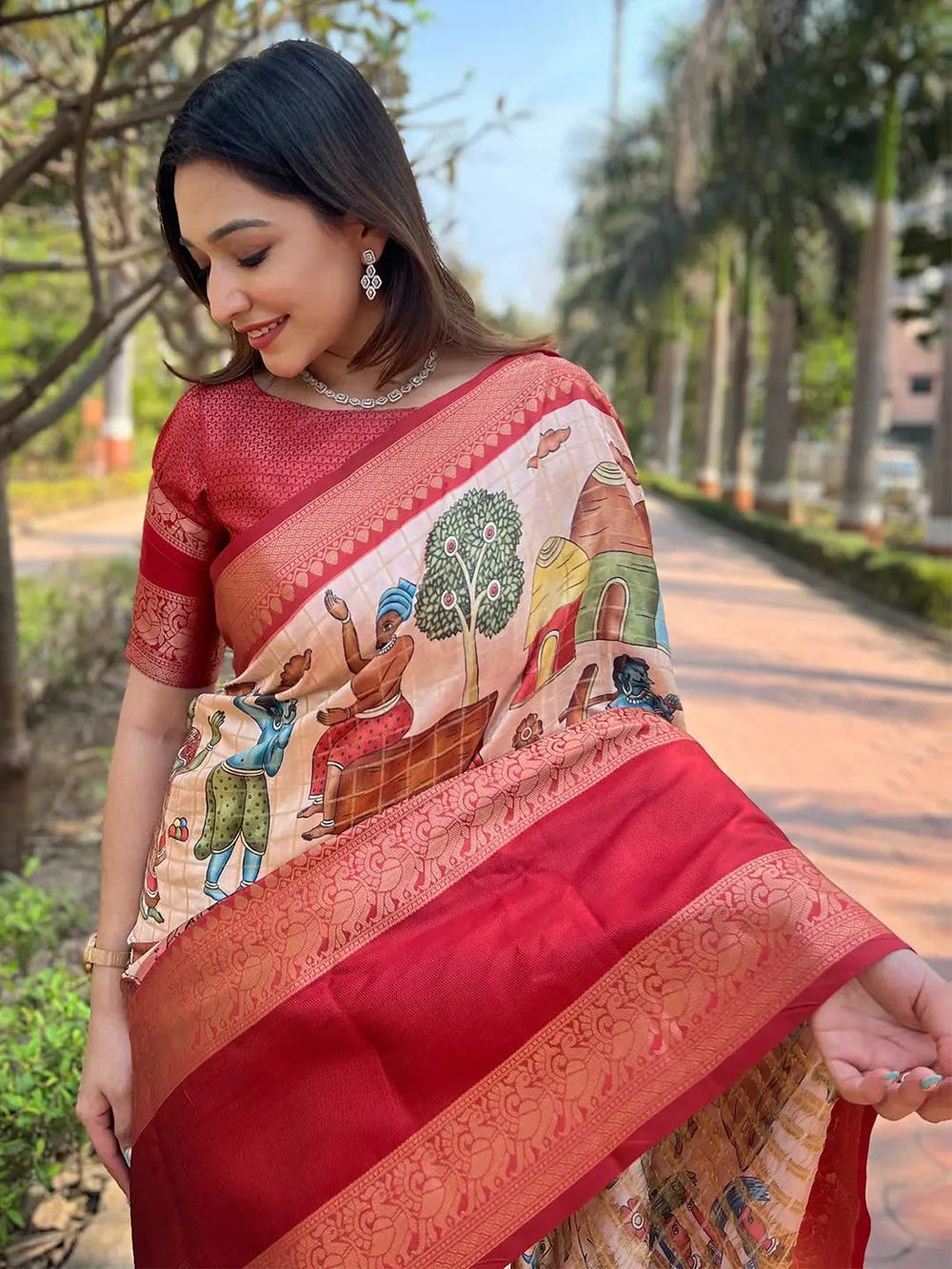 Peach Colour Double Border Chex Weaving Banarasi Soft Silk Saree