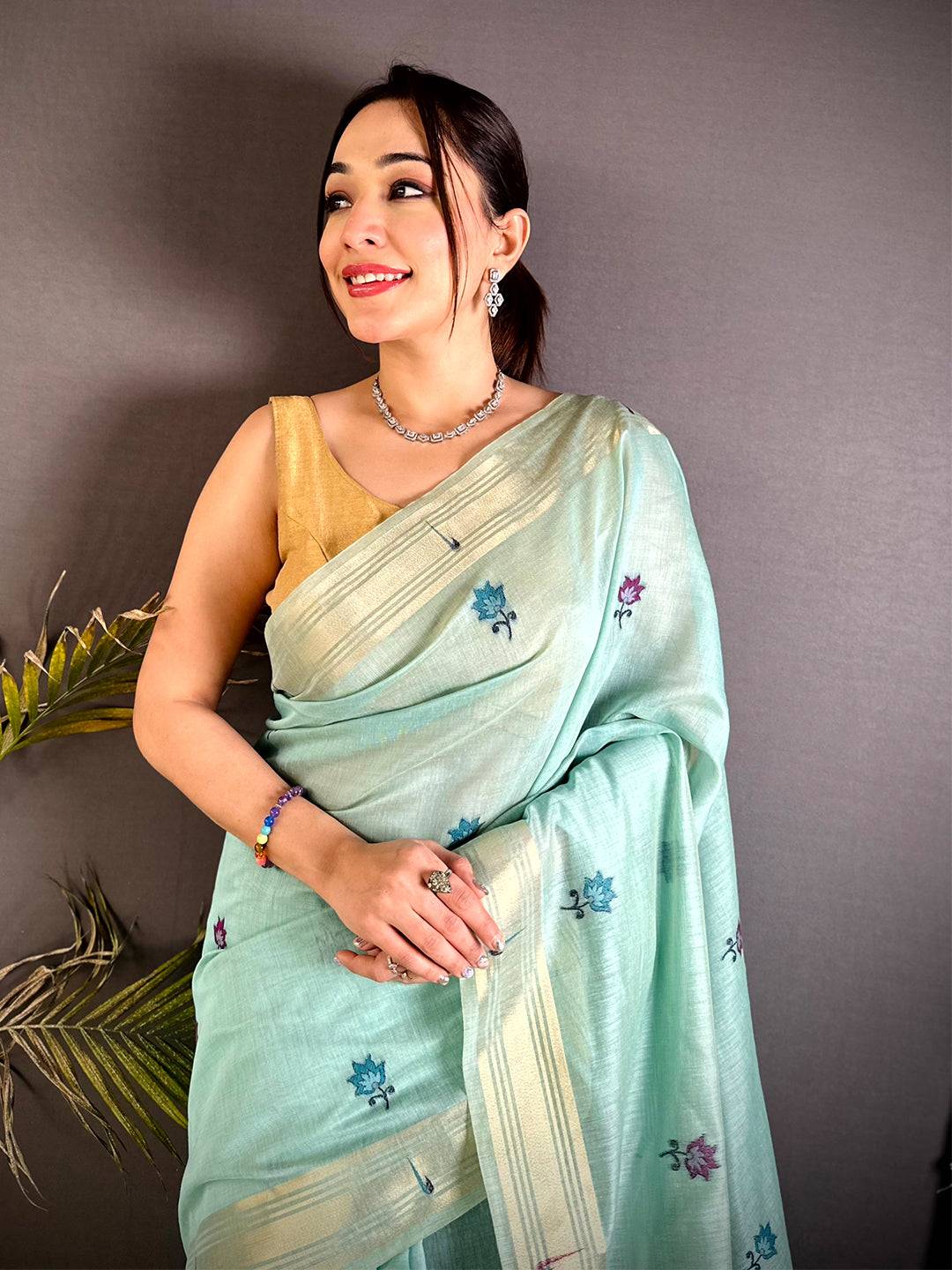 Regal Minakari Butti Khadi Linen Saree