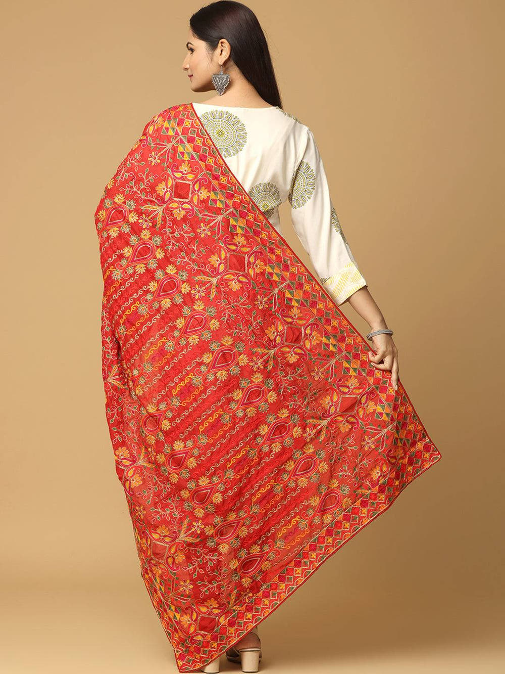 Red Gold Floral Pashmina Dupatta