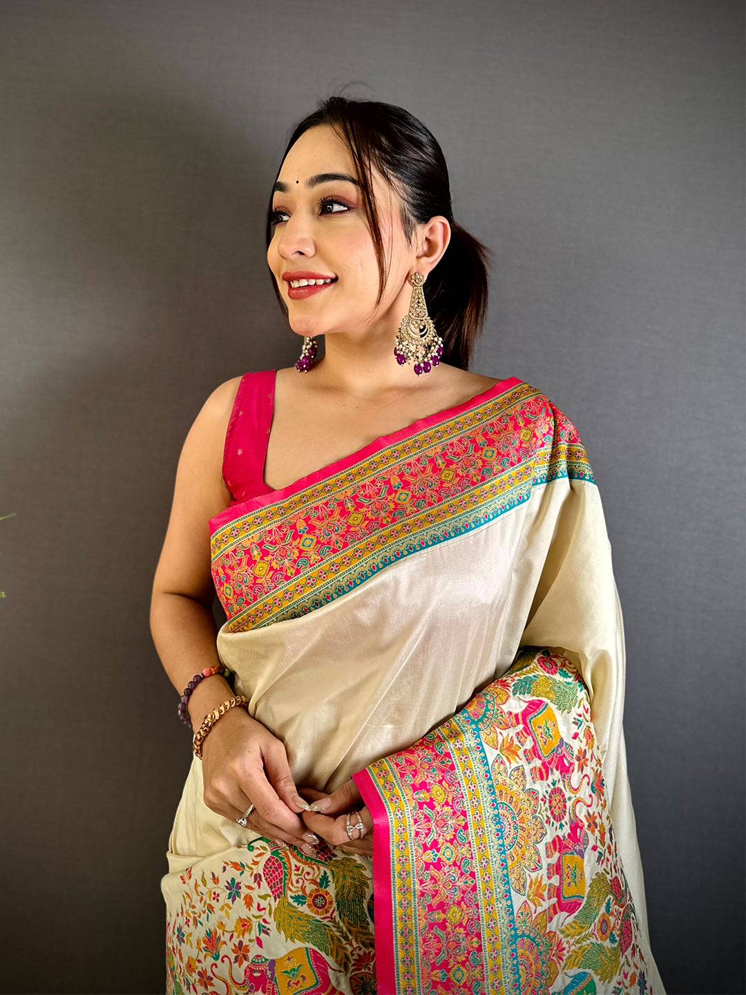Cream Kashmiri Art Soft Silk Saree