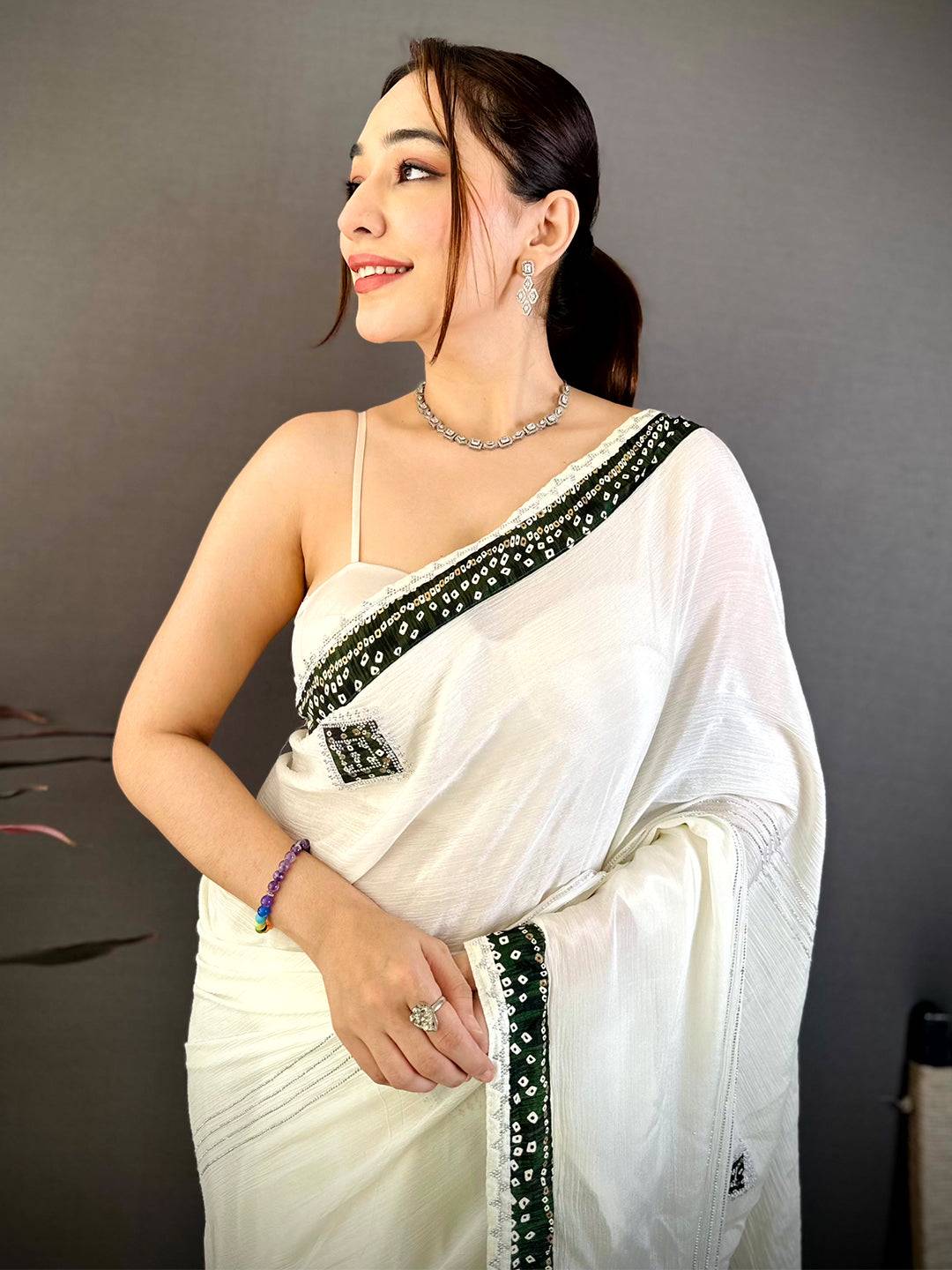 Green Bandhej Butta Chiffon Saree