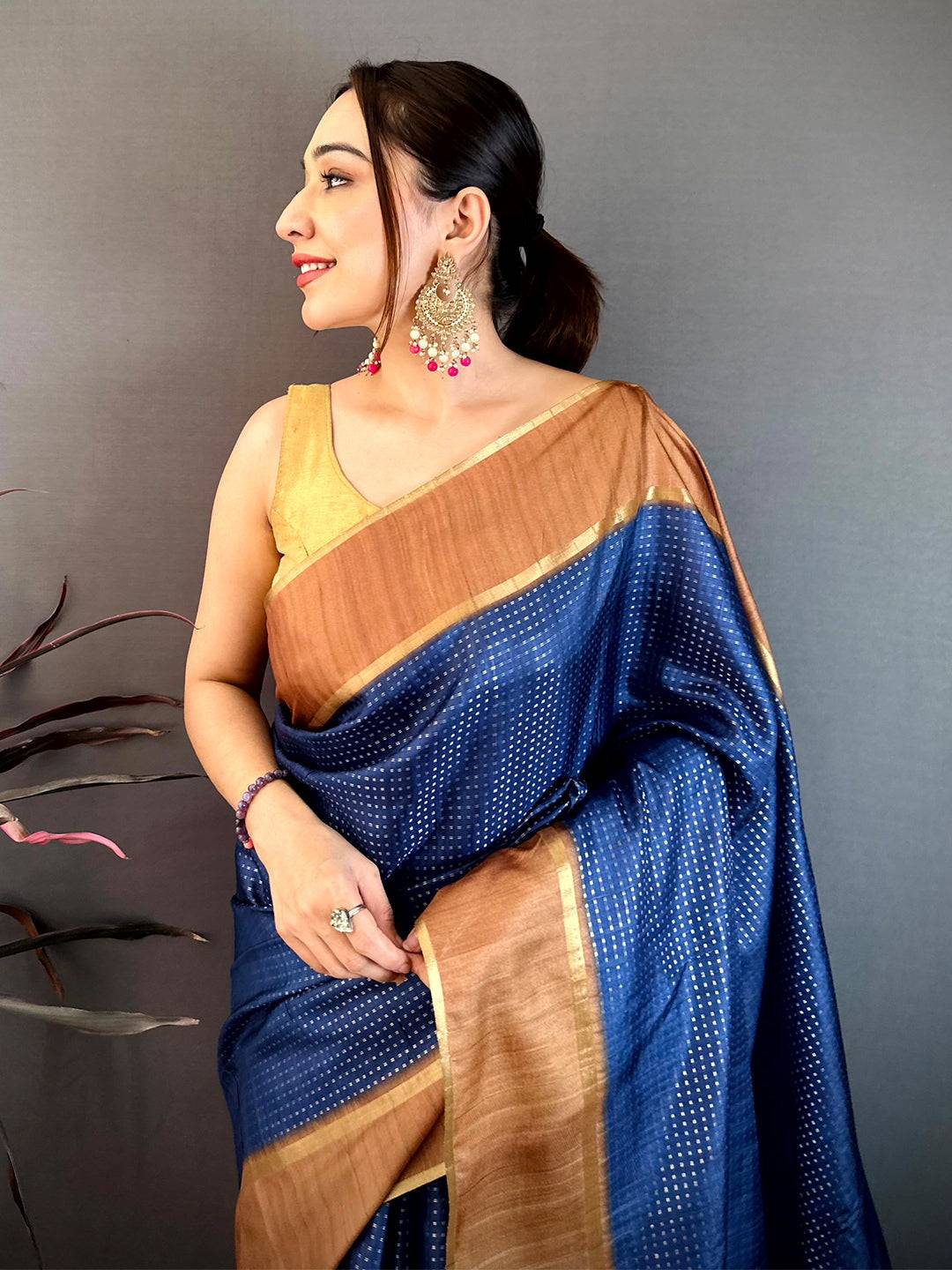 Ink Blue Tussar Gold Zari 1000 Butti Saree