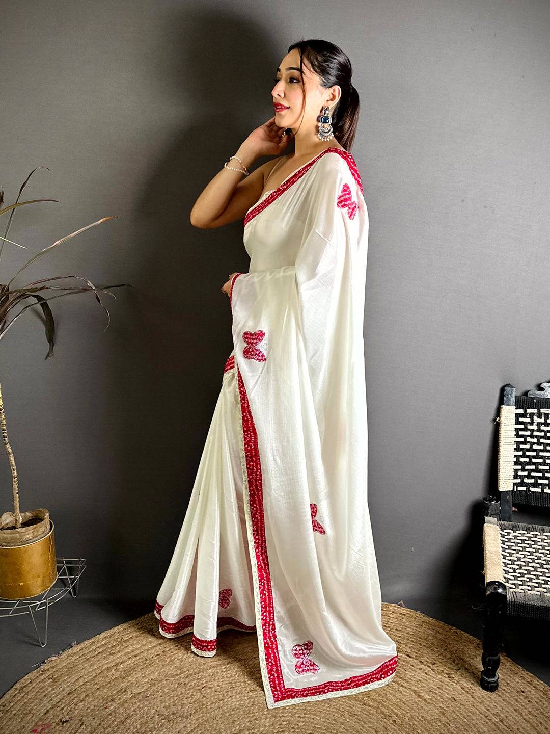 Pink Soft Chinnon Butterfly Butta Saree