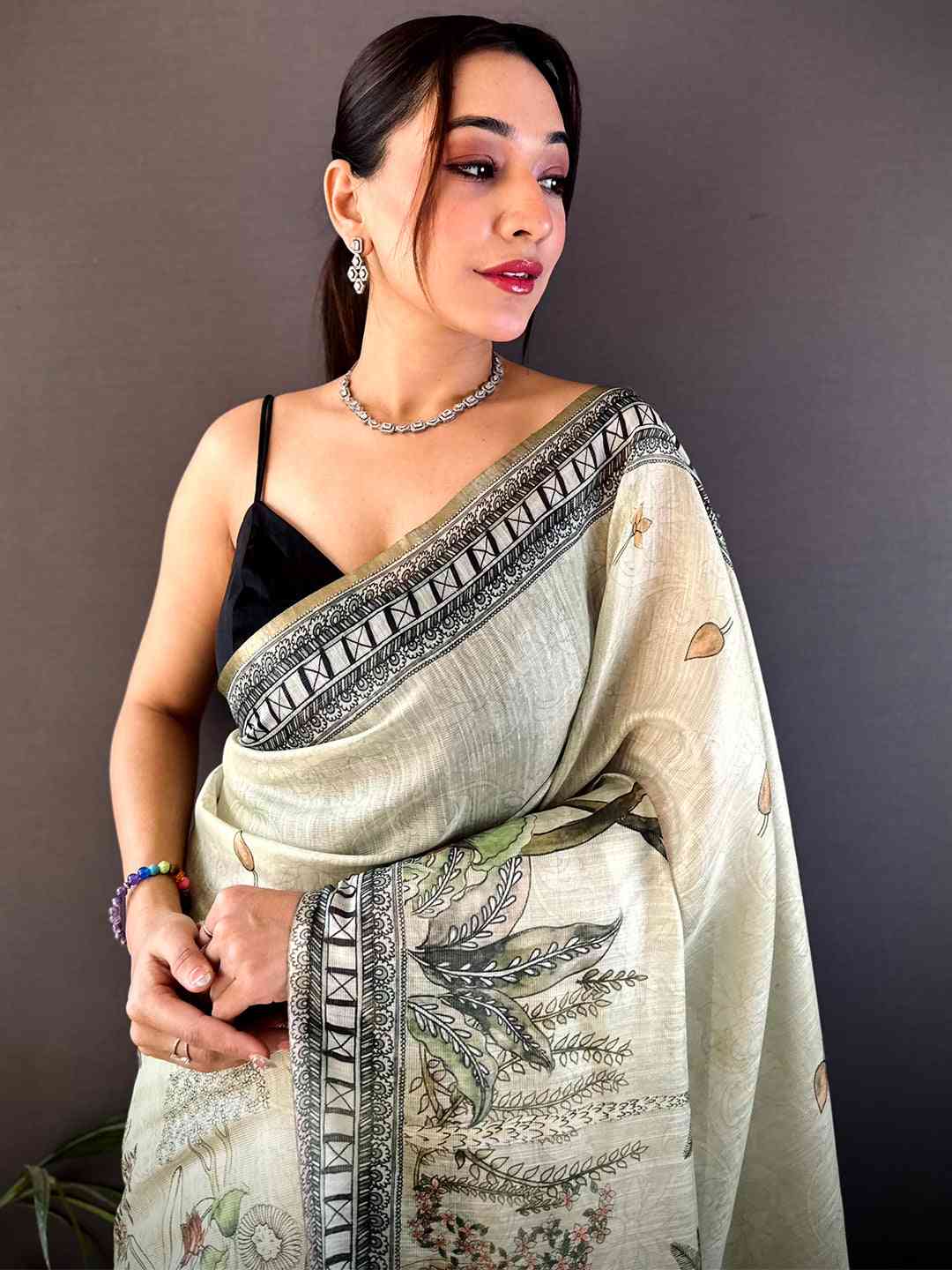 Mint Green Tissue Floral Leaf Print Saree
