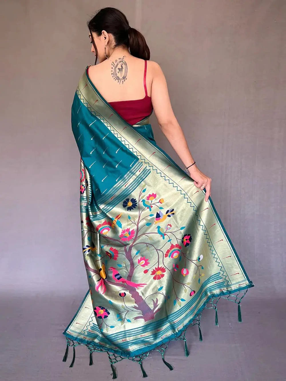 Teal Colour Paithani Big Border Zari Woven Saree