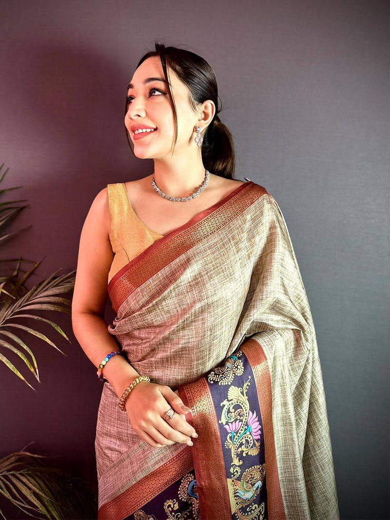 Stylish Tanjore Art Khadi Semi Silk Saree