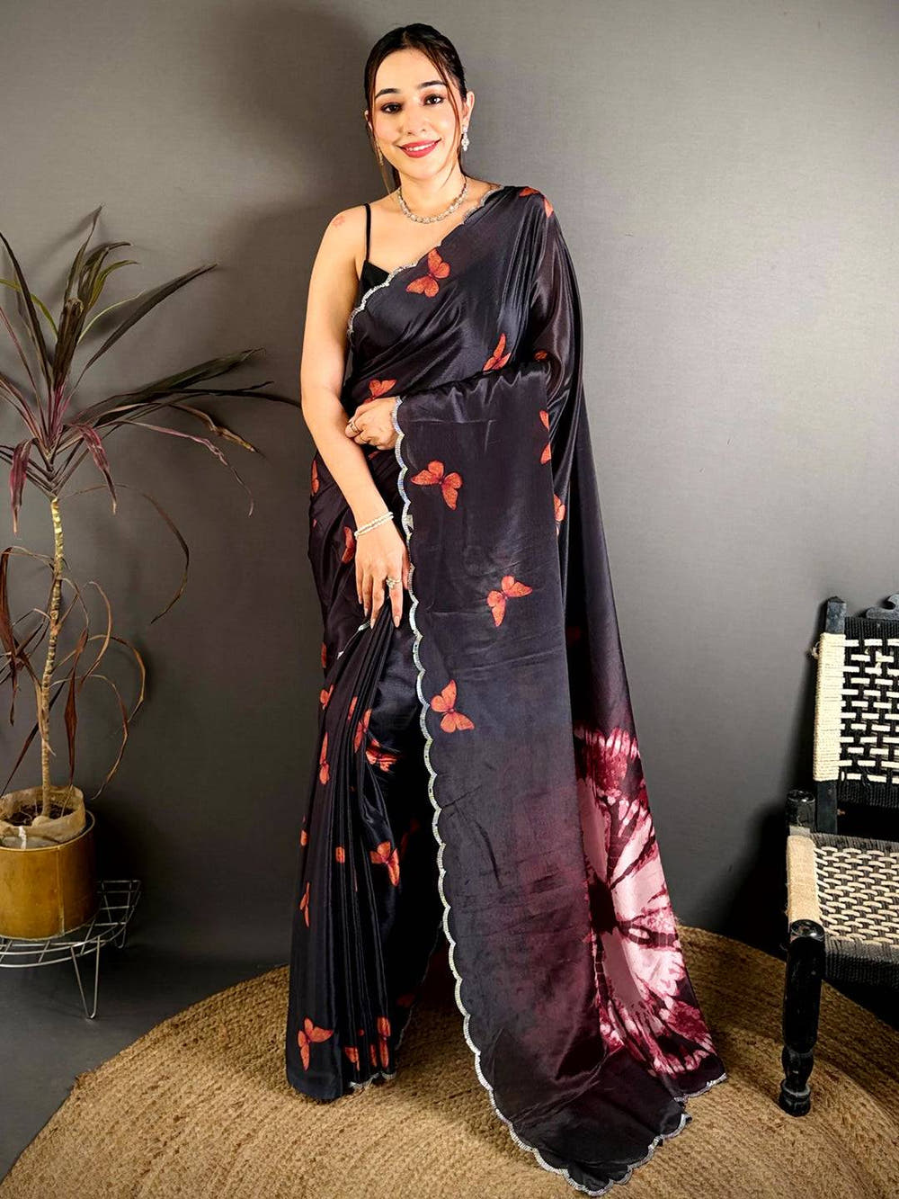 Black Soft Chinnon Butterfly Print Saree