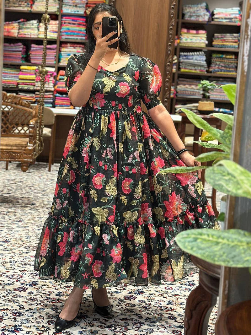 Revan Black Floral Print Midi Dress