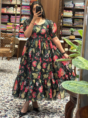 Revan Black Floral Print Midi Dress
