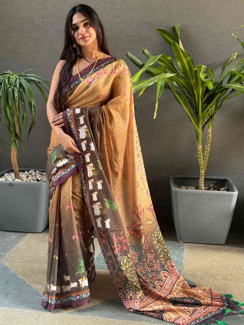 Soft Linen Ombre Pichwai Printed Brown Colour Saree
