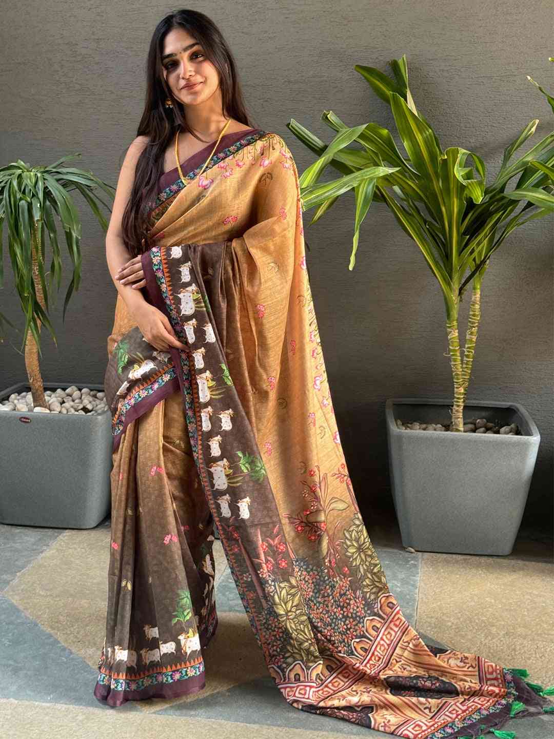 Soft Linen Ombre Pichwai Printed Brown Colour Saree