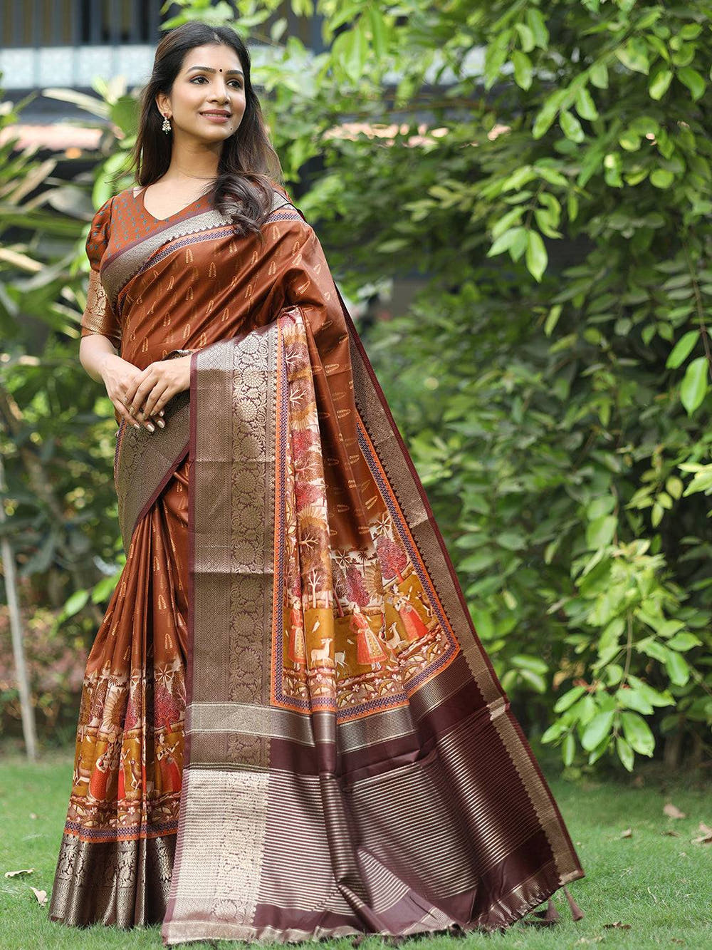 Coffee Brown Hand Kalamkari Printed Pure Viscose Dola Silk Saree - Luxe