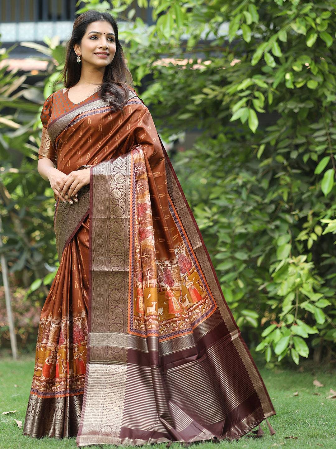 Coffee Brown Hand Kalamkari Printed Pure Viscose Dola Silk Saree - Luxe
