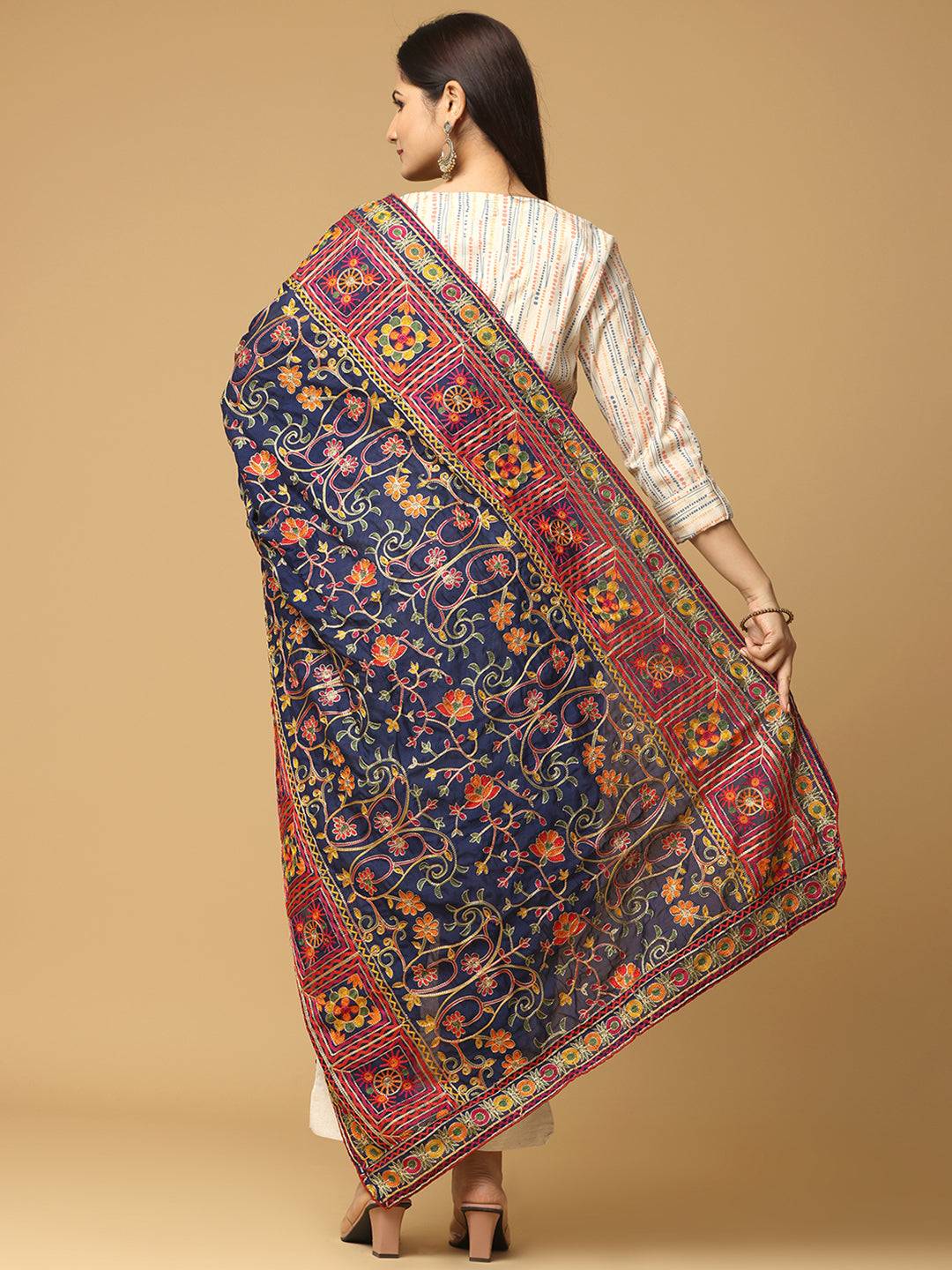 Navy Floral Border Pashmina Dupatta