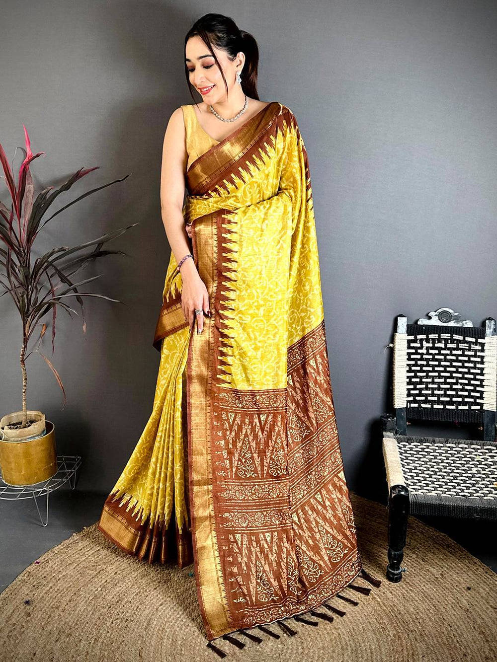 Yellow Pearl Ikkat Dola Silk Saree
