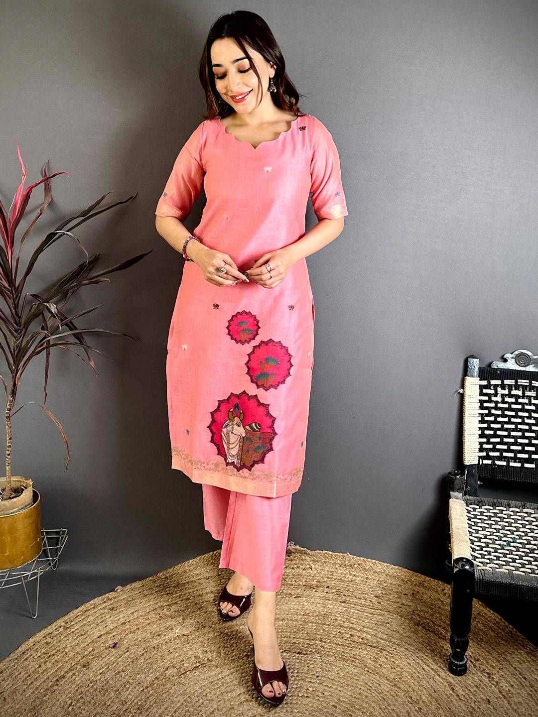Coral  Pink  Floral  Weave  Dress