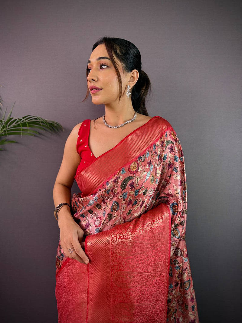 Coral Red Cherry Satin Kalamkari Saree