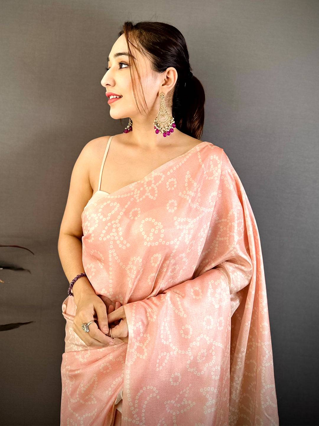 Peach Kalamkari Bandhej Tussar Saree