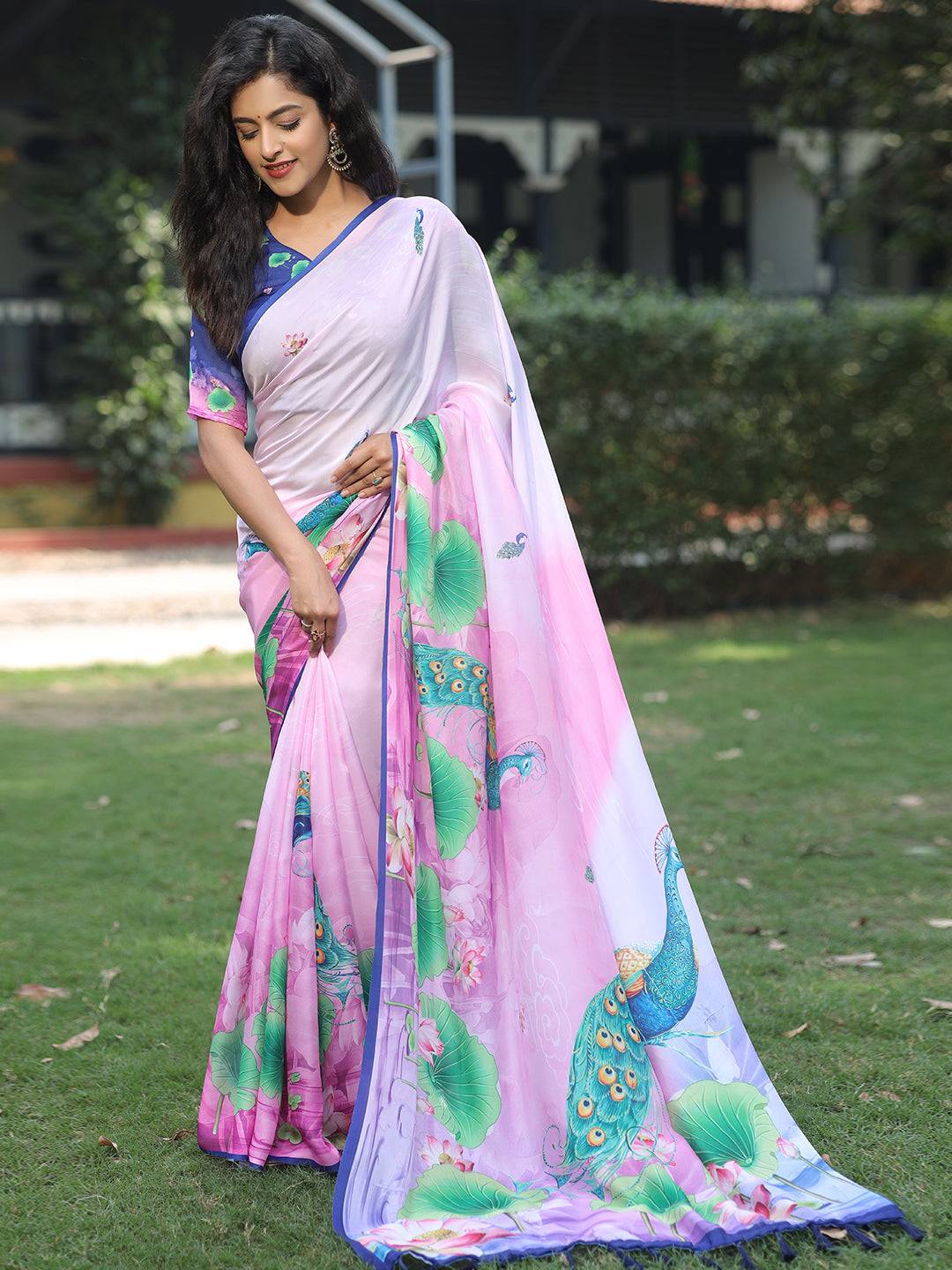 Satin Georgette Pink Colour Hand Print Saree - Luxe