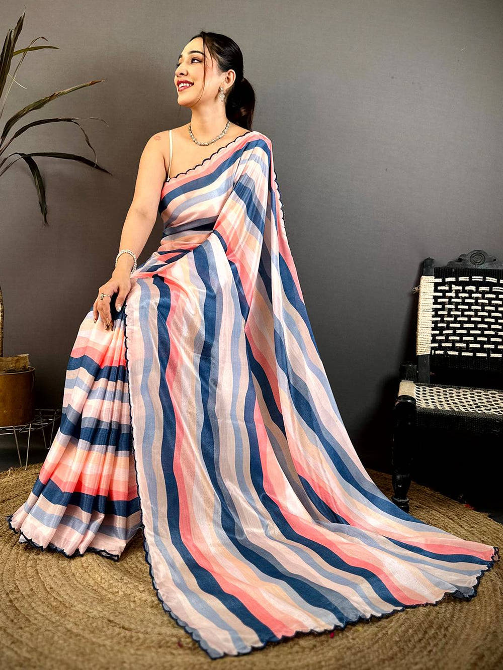 Stylish Soft Chiffon Striped Cutwork Saree