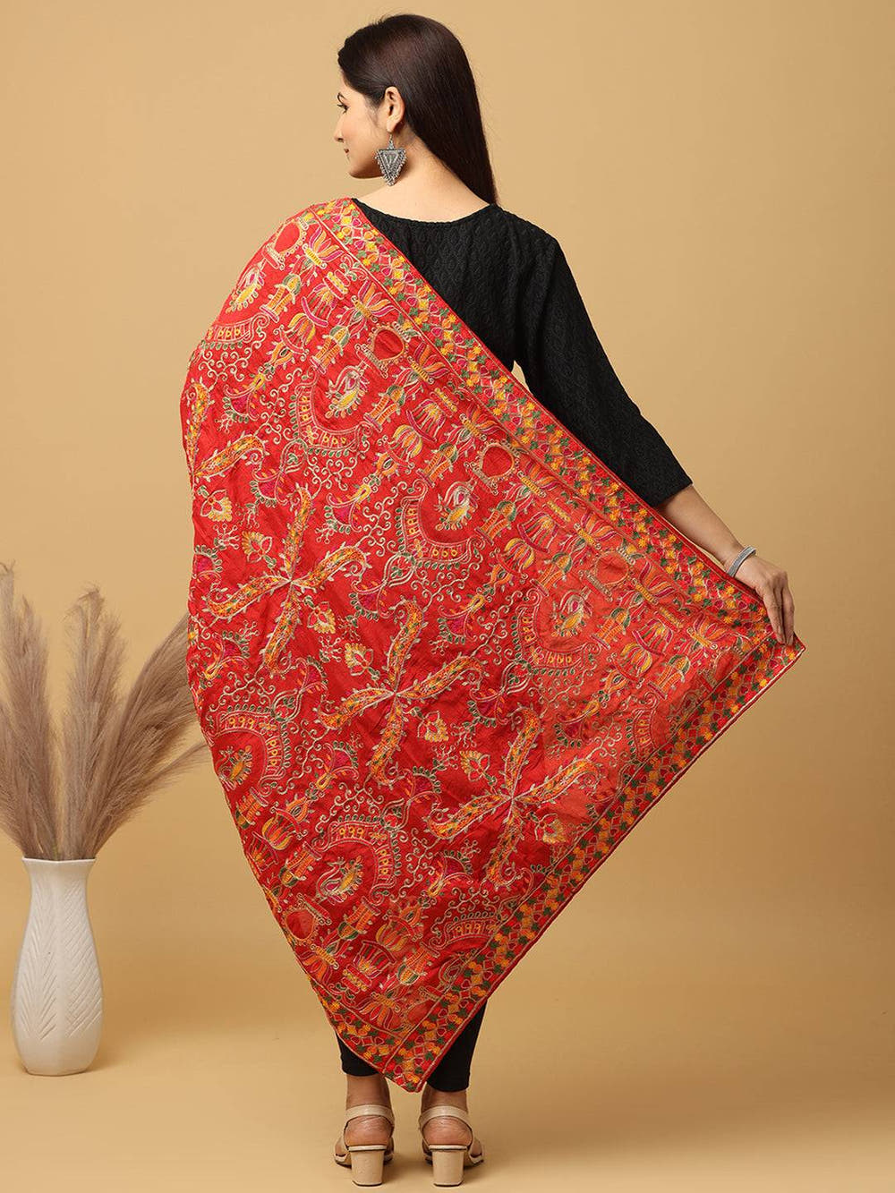 Red Dense Multicolour Floral Pashmina Dupatta