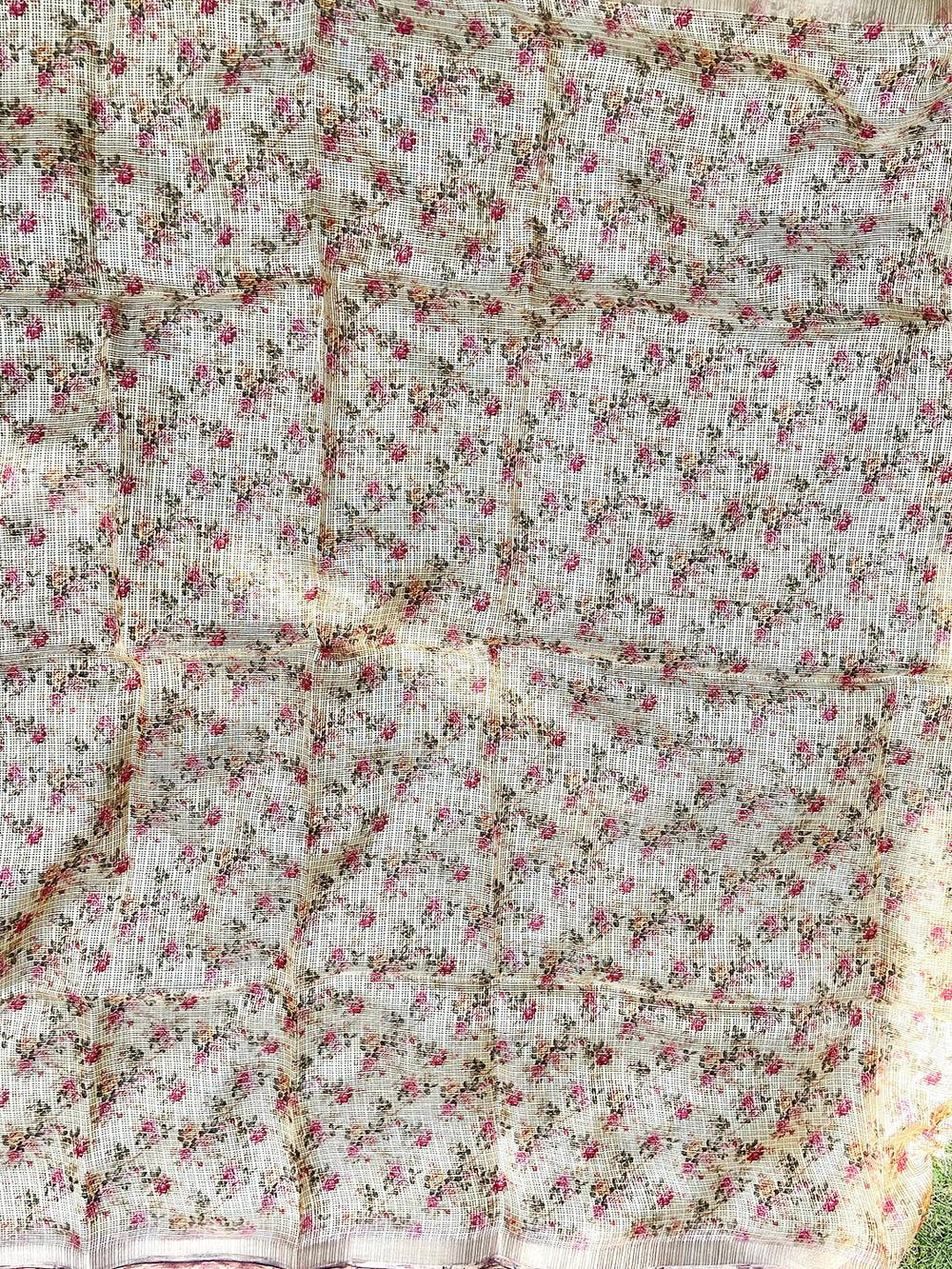 Cream Colour Soft Kota Doriya Silk Saree With Flower & abstect Prints