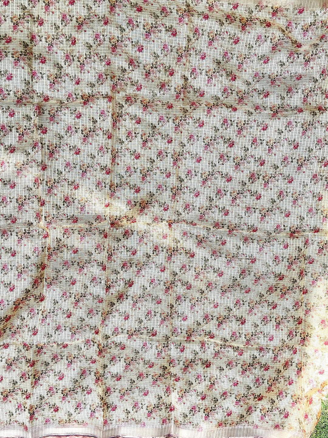 Cream Colour Soft Kota Doriya Silk Saree With Flower & abstect Prints