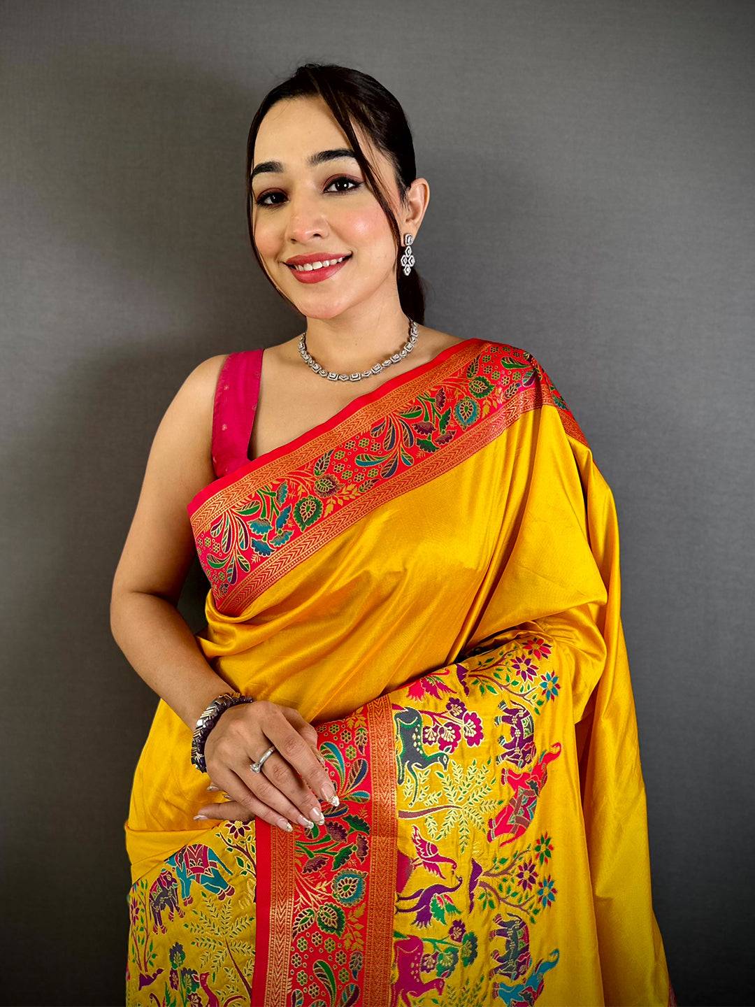 Yellow Soft Semi Silk Minakari Weave Saree